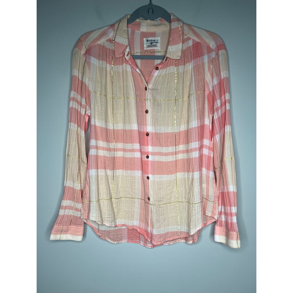 Holding Horses Anthropologie Pink Plaid Metallic Gauze Button Down Shirt Size 4
